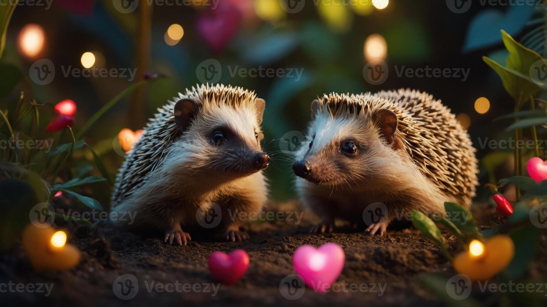 Two hedgehogs surrounded by hearts and lights in a whimsical, romantic setting. photo