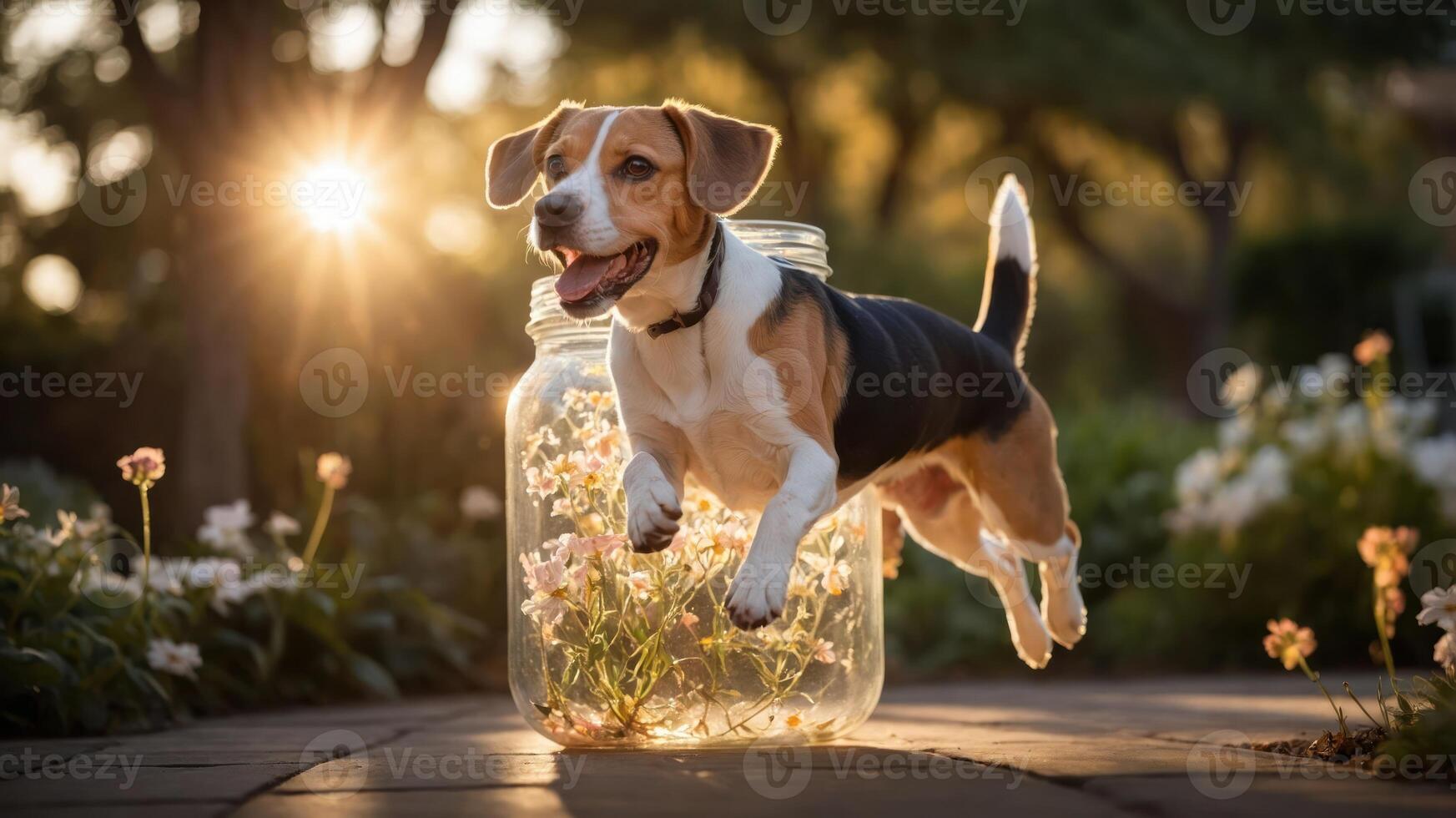 A playful beagle leaps from a jar filled with flowers, capturing a joyful moment in nature. photo