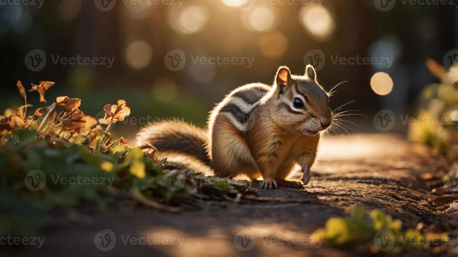 A chipmunk forages on a path surrounded by greenery, illuminated by soft sunlight. photo