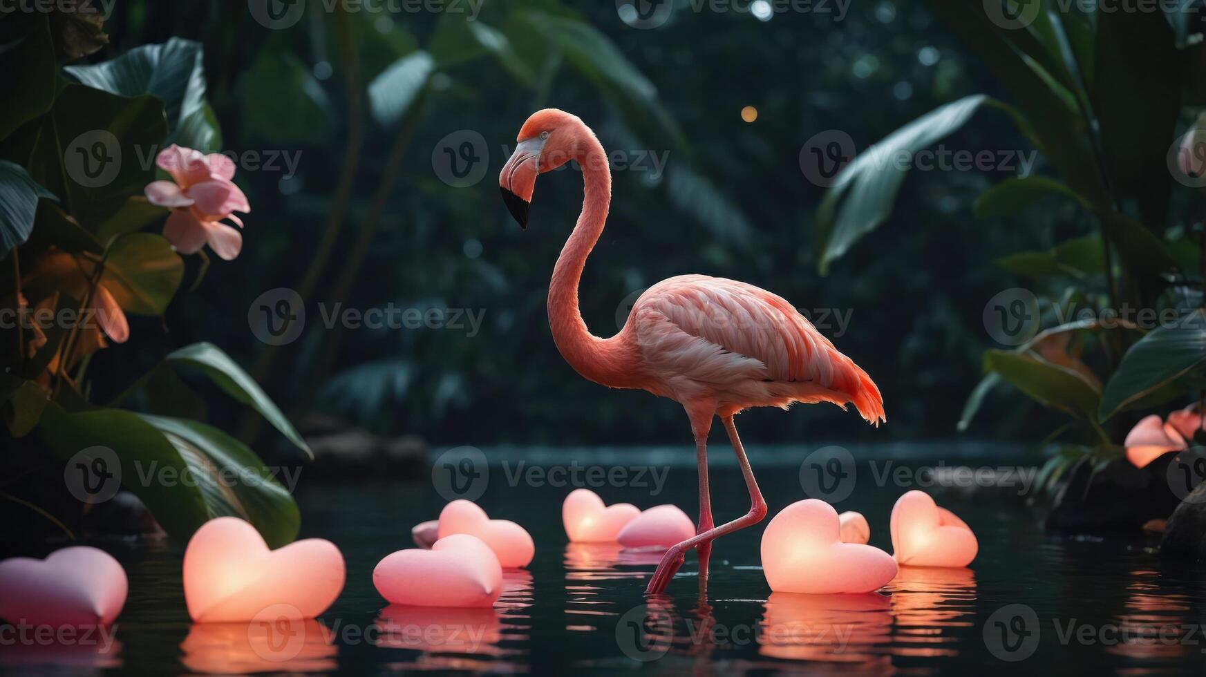 A flamingo stands gracefully among glowing heart-shaped lights in a lush, serene environment. photo