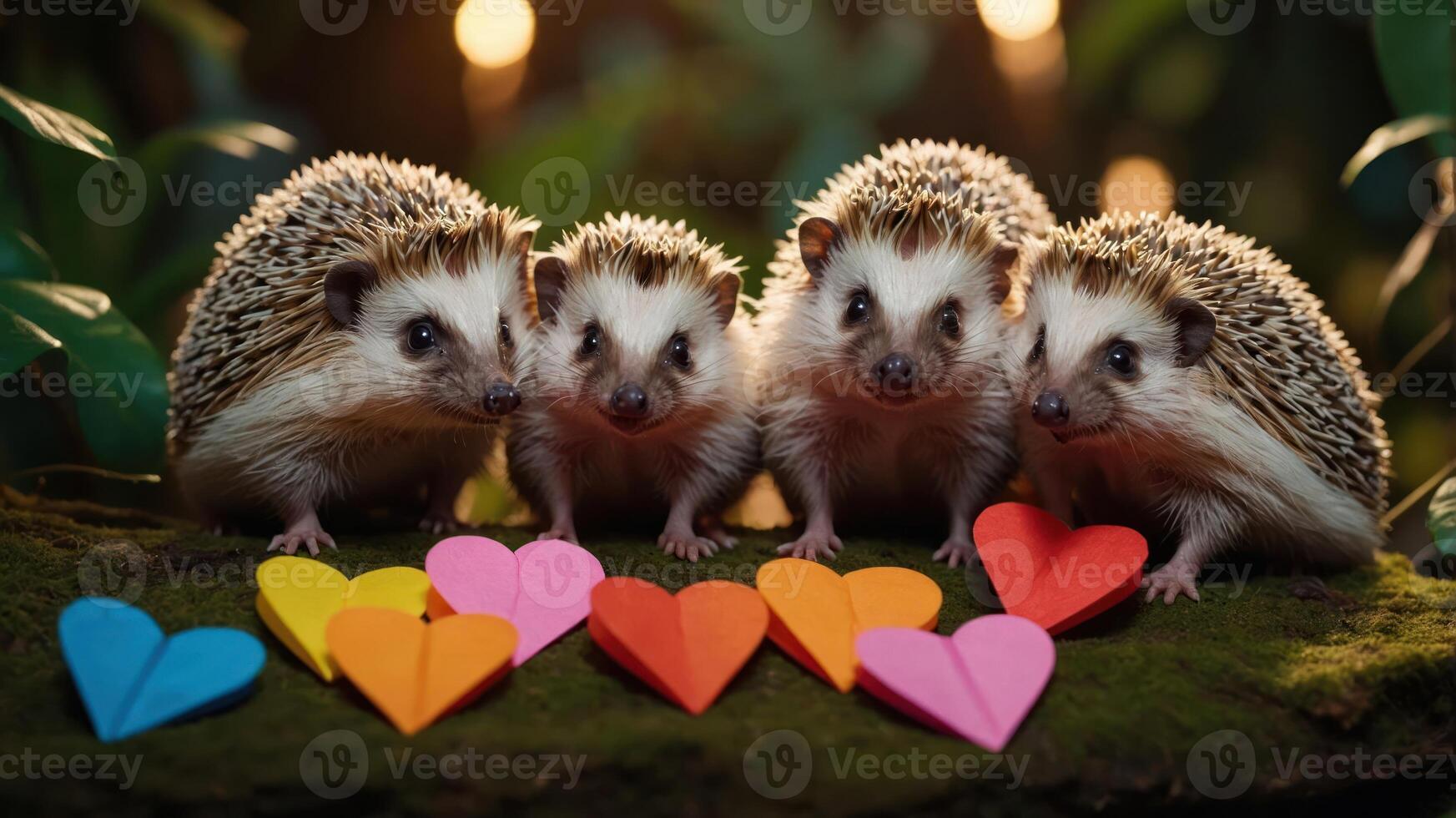 Four hedgehogs arranged with colorful paper hearts, showcasing a playful and cute scene. photo