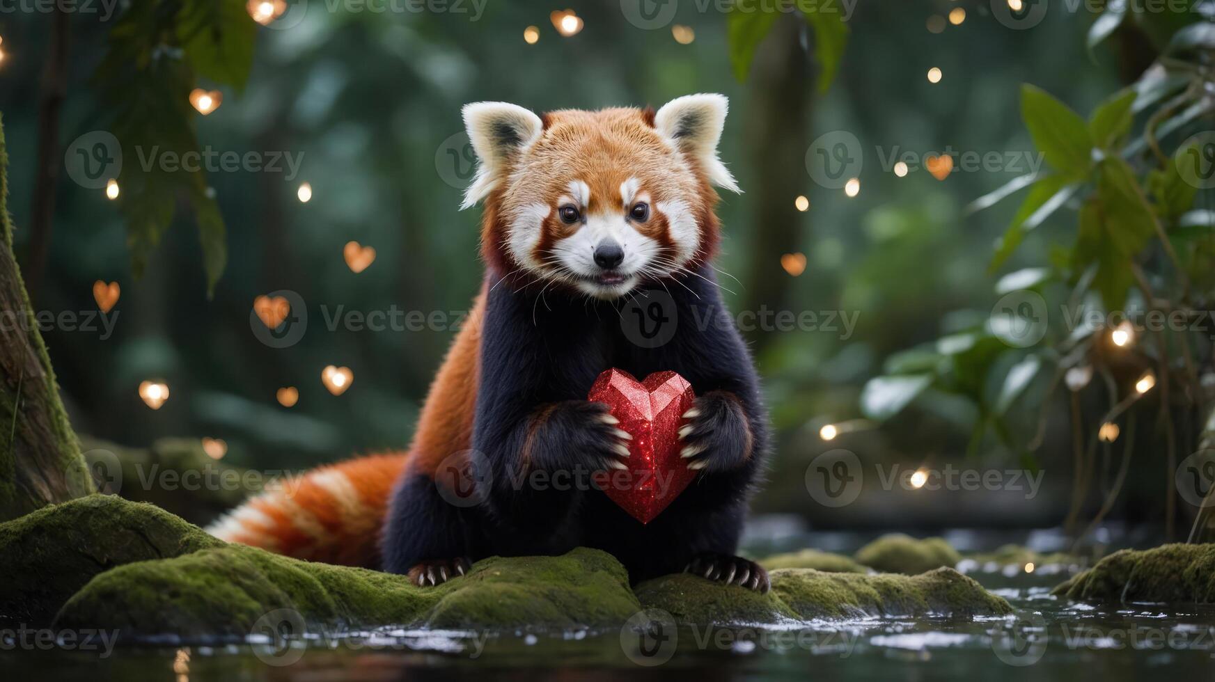 A red panda holding a heart-shaped object in a lush, enchanting forest setting. photo