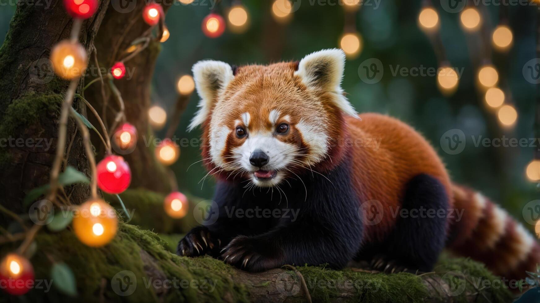 A red panda perched on a branch surrounded by colorful lights in a whimsical setting. photo
