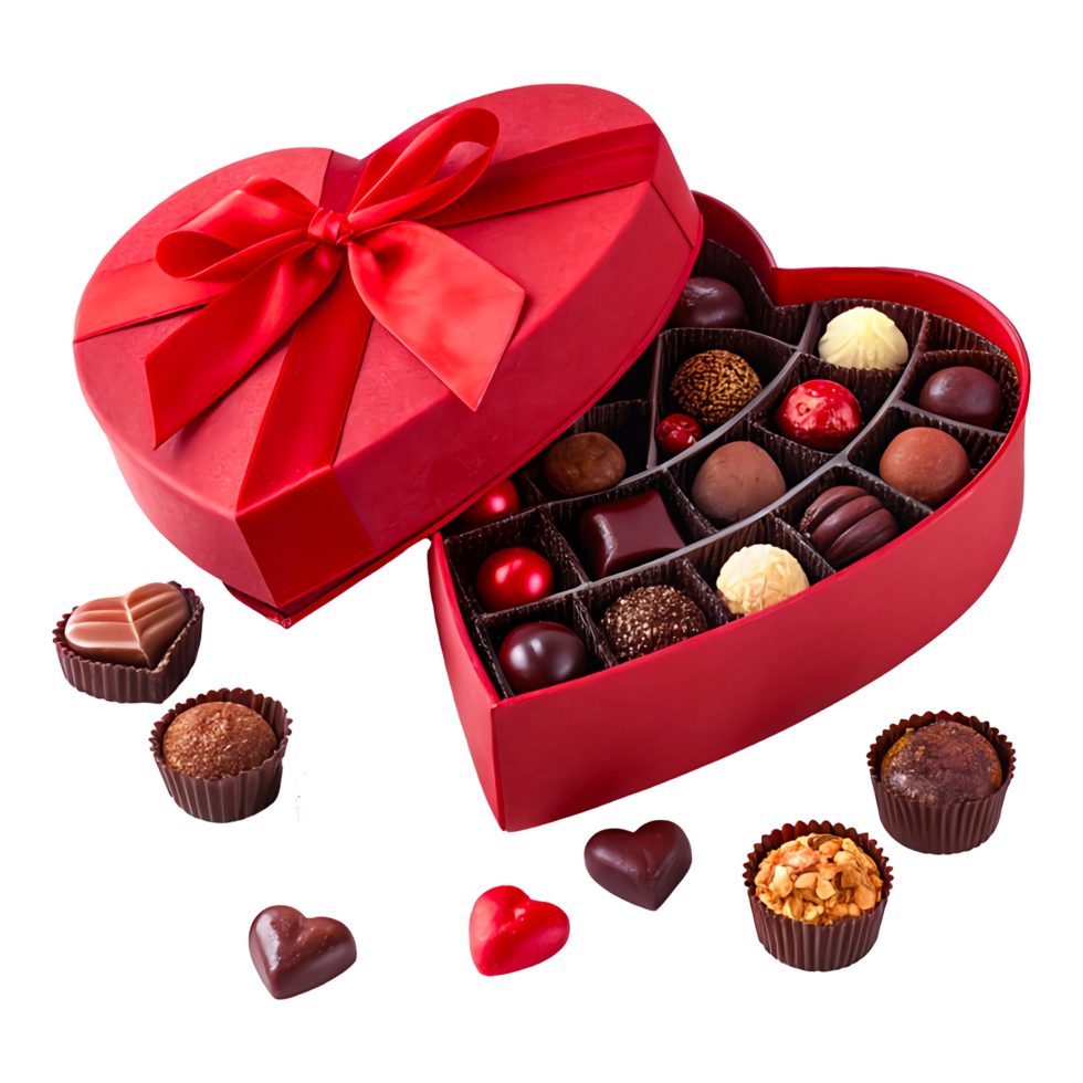 Heart-Shaped Box of Assorted Gourmet Chocolates with Red Satin Ribbon for Valentine's Day png
