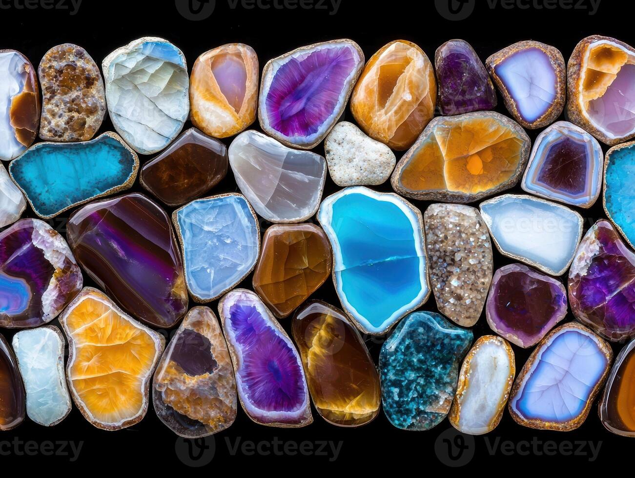 Collection of colorful agate slices arranged in a row photo