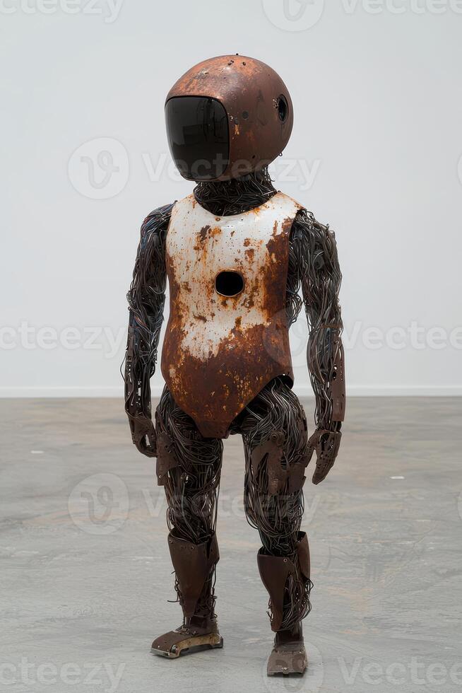 Rusty robot sculpture in a minimalist setting photo
