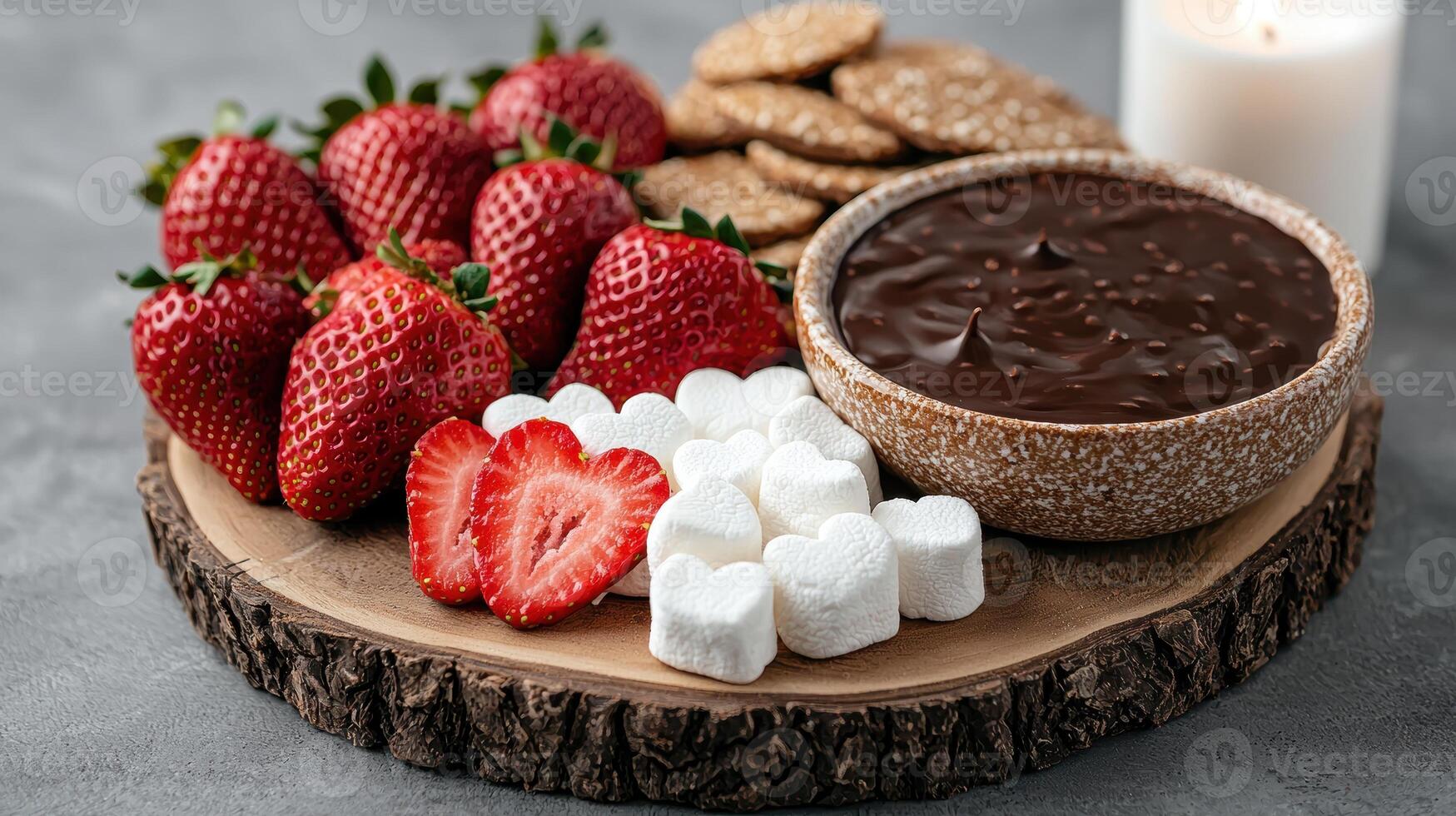 Valentines Day chocolate fondue with strawberries and marshmallows photo