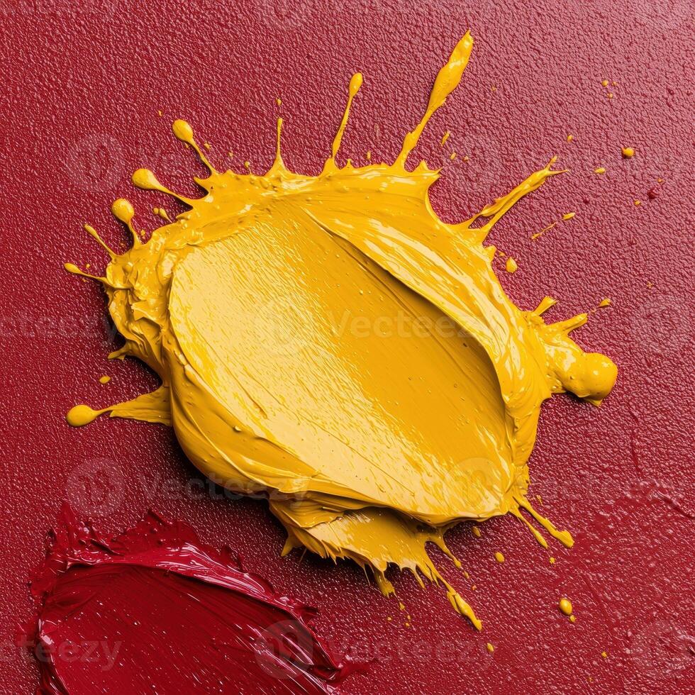 Abstract paint splatters in yellow and red on a textured background photo
