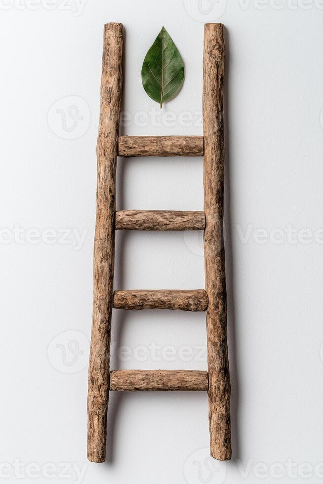 Wooden ladder with a green leaf on a white background photo
