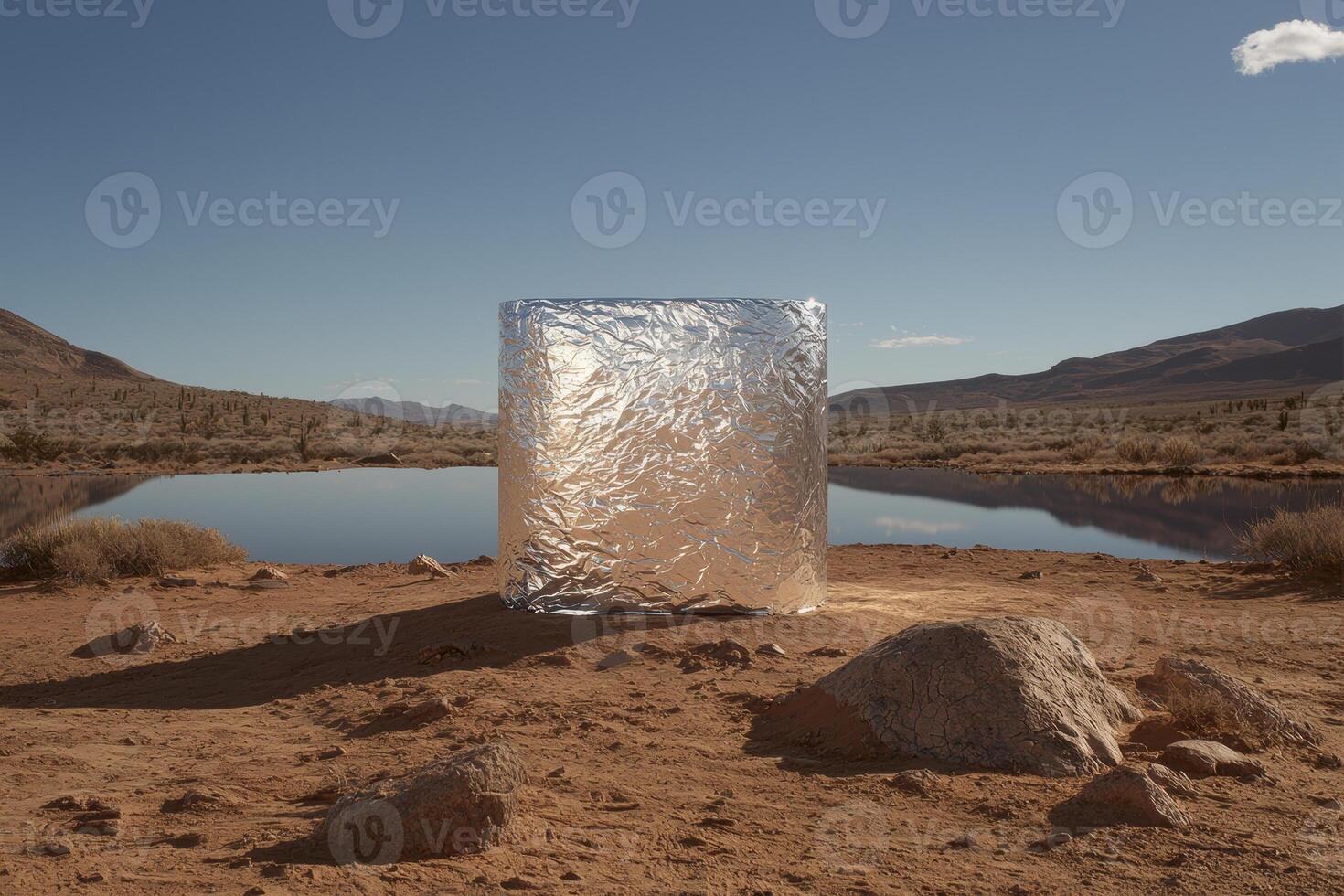 Crinkled foil cube reflecting light in a desert landscape photo
