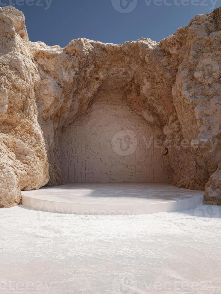 Minimalist white platform in a sun drenched desert cave photo