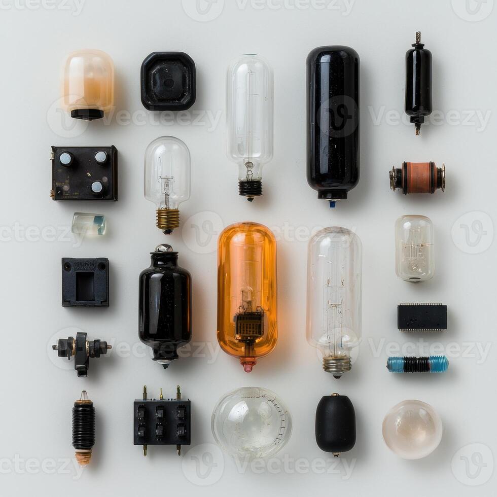 Collection of vintage electronic components and tubes on white background photo