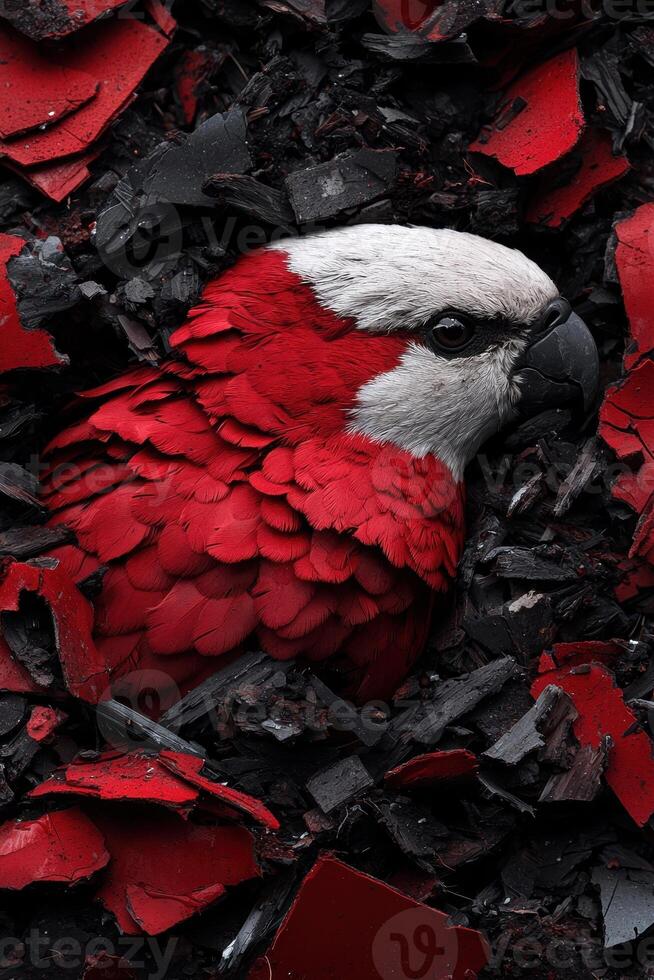 Red parrot in charcoal and red paint rubble photo
