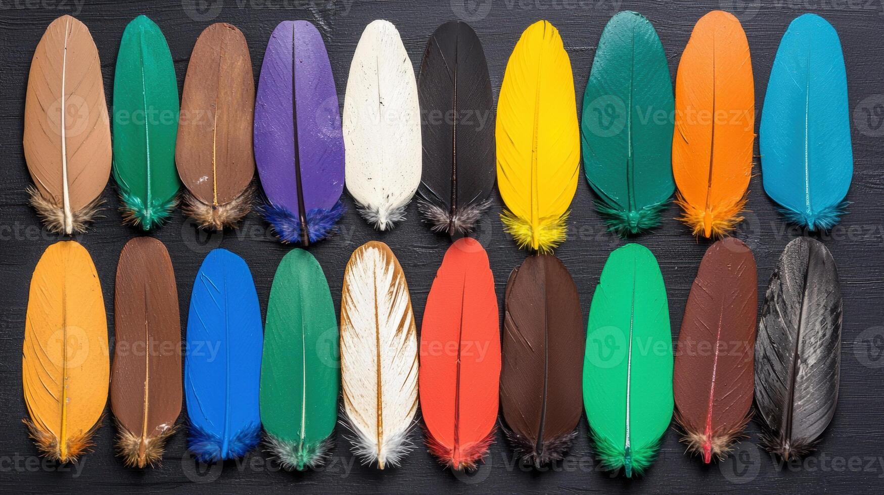 Vibrant painted feathers arranged in rows on a dark background photo