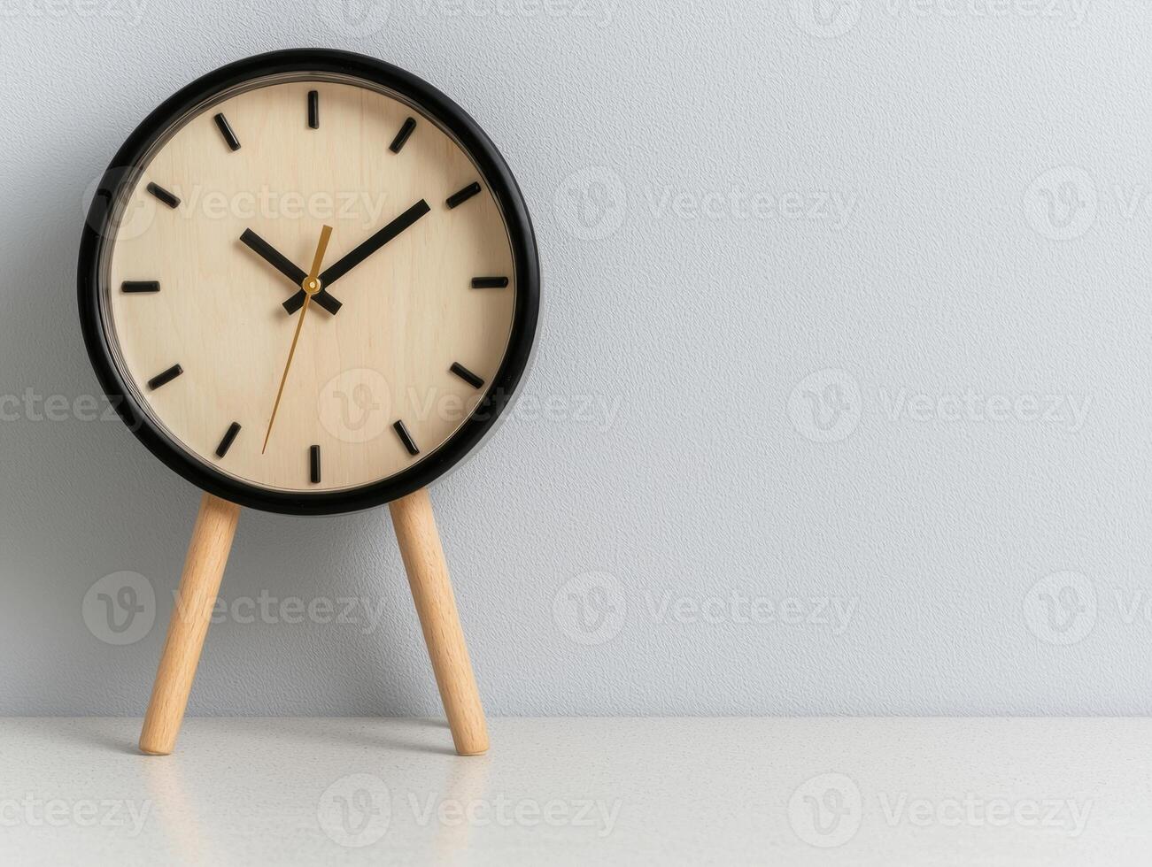 Modern minimalist clock on a table against a light grey wall photo