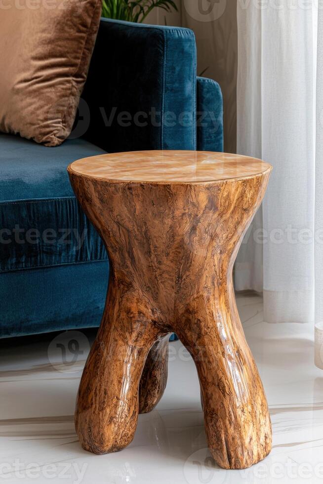 Unique wooden side table with resin top in modern living room photo