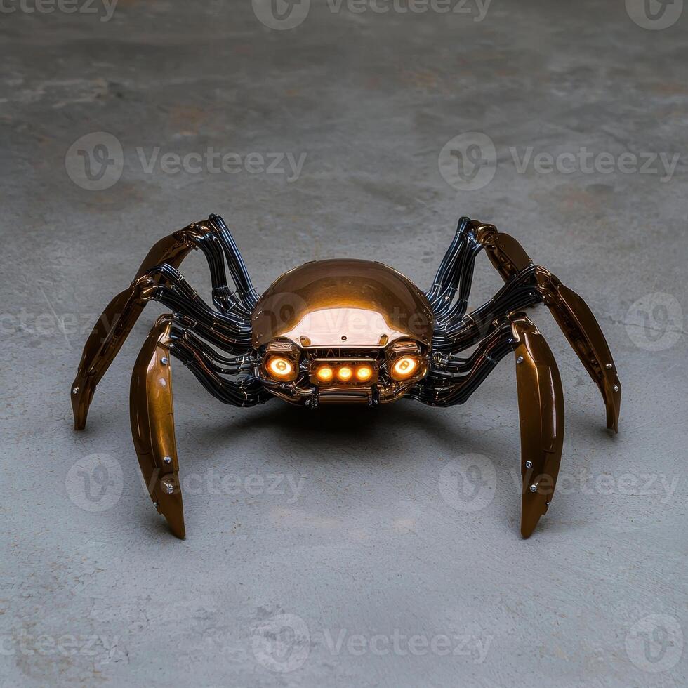 Futuristic robotic crab with glowing lights on a gray background photo