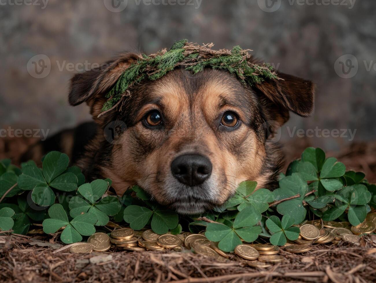 Cute dog wearing a crown of leaves sits in a pile of gold coins and shamrocks photo