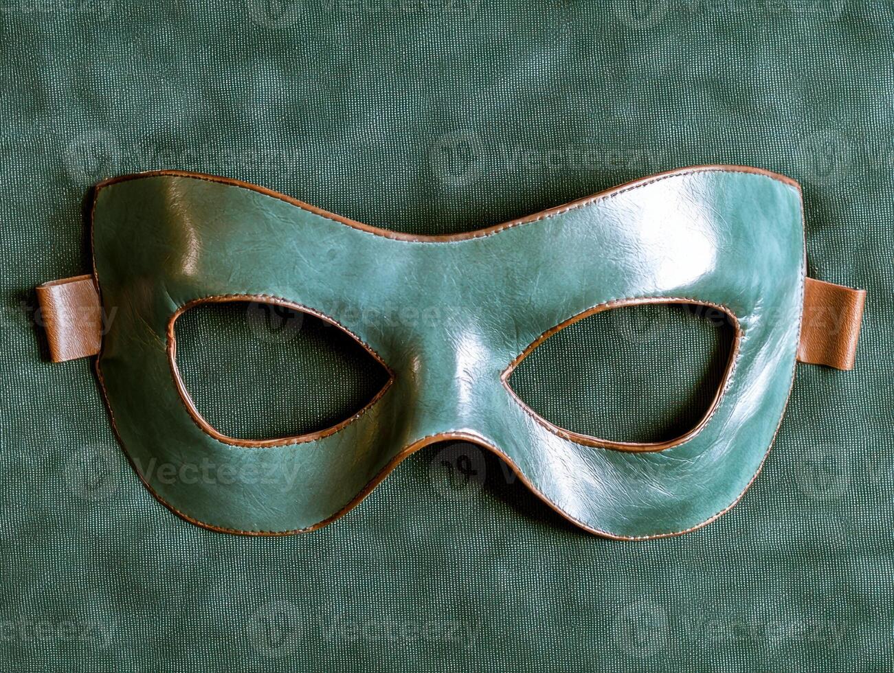 Close up of a teal leather superhero mask on a dark green background photo