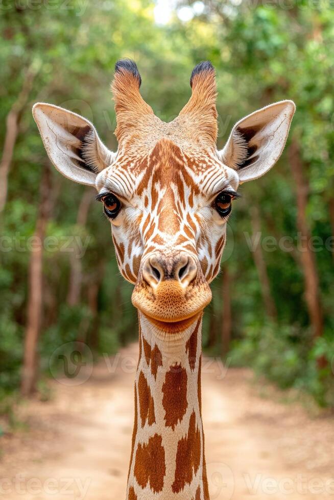 Close up portrait of a giraffes face, looking directly at the camera photo