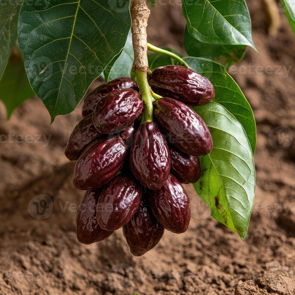 Close up of ripe cacao pods hanging from a cacao tree photo