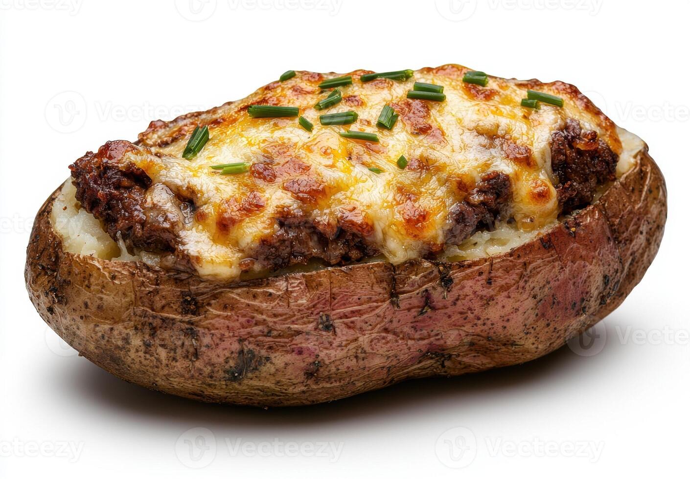 Close up of a baked potato topped with chili and cheese photo