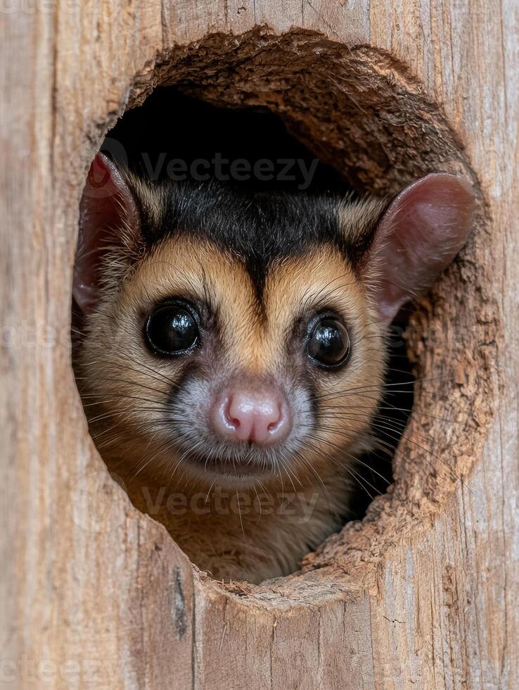 Adorable olingo peeking from a tree hole photo