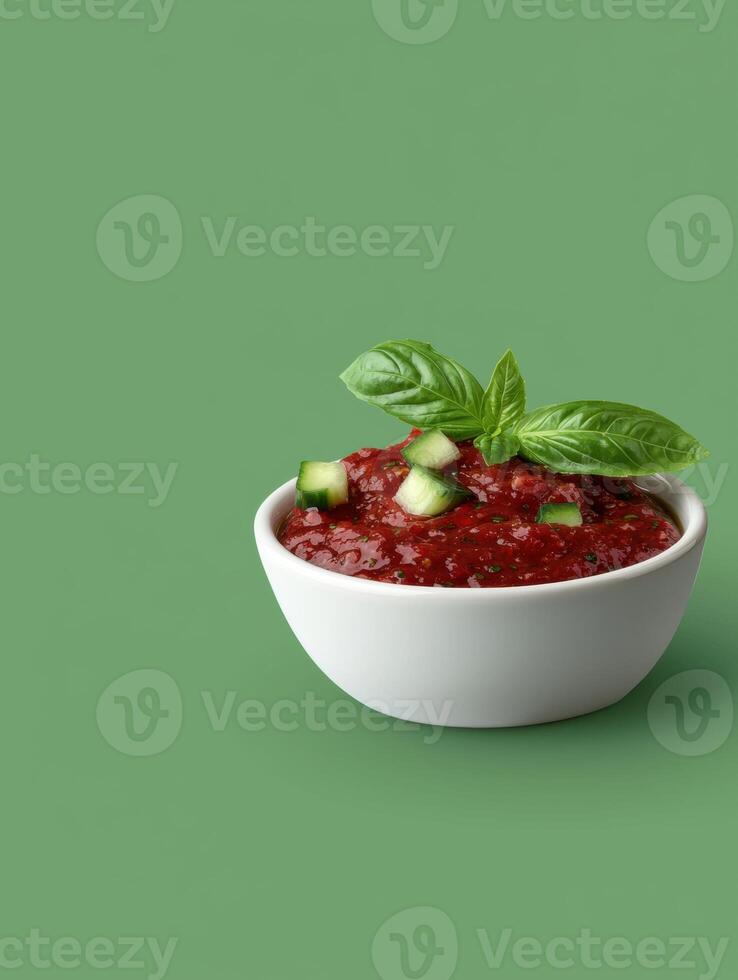 Close up of gazpacho in a white bowl, garnished with basil and cucumber photo