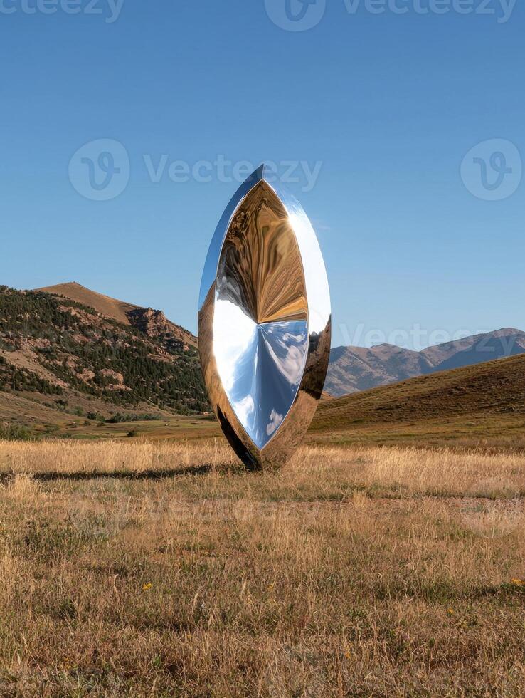 Modern abstract metal sculpture in a field reflecting the sky and mountains photo