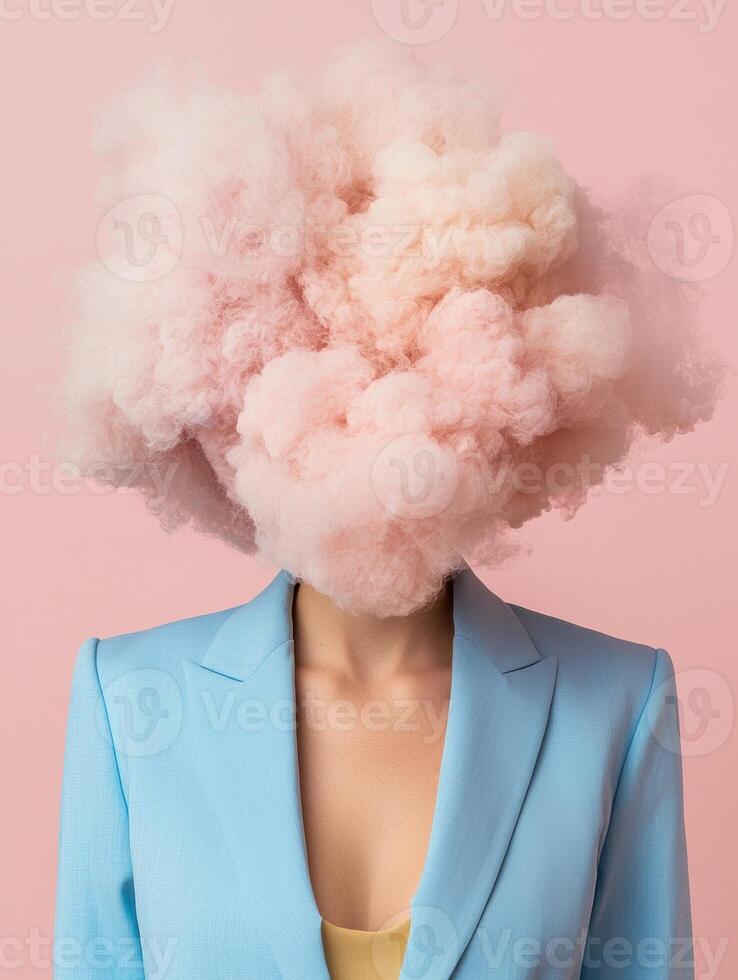 Woman in blue blazer with pink cotton candy cloud head photo