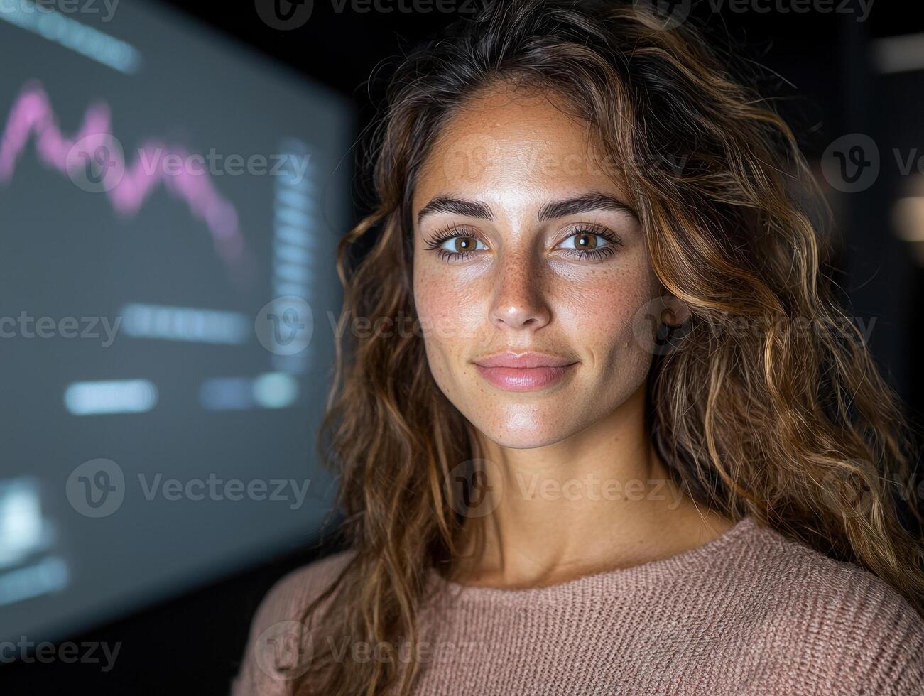 Portrait of a young woman in front of a screen showing a stock market graph photo