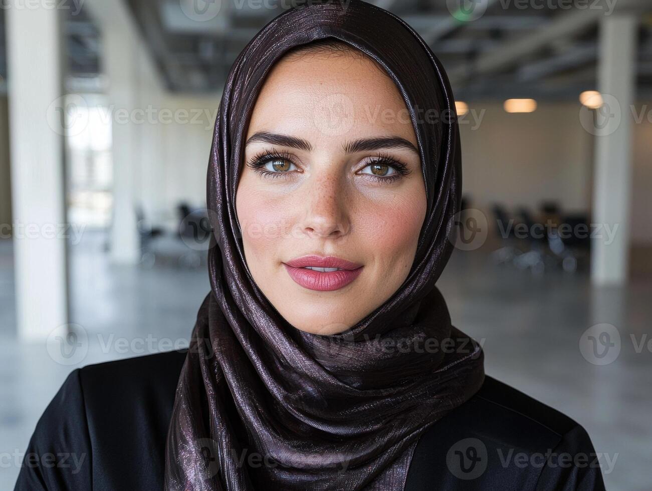 A portrait of a businesswoman wearing a hijab in a modern office photo
