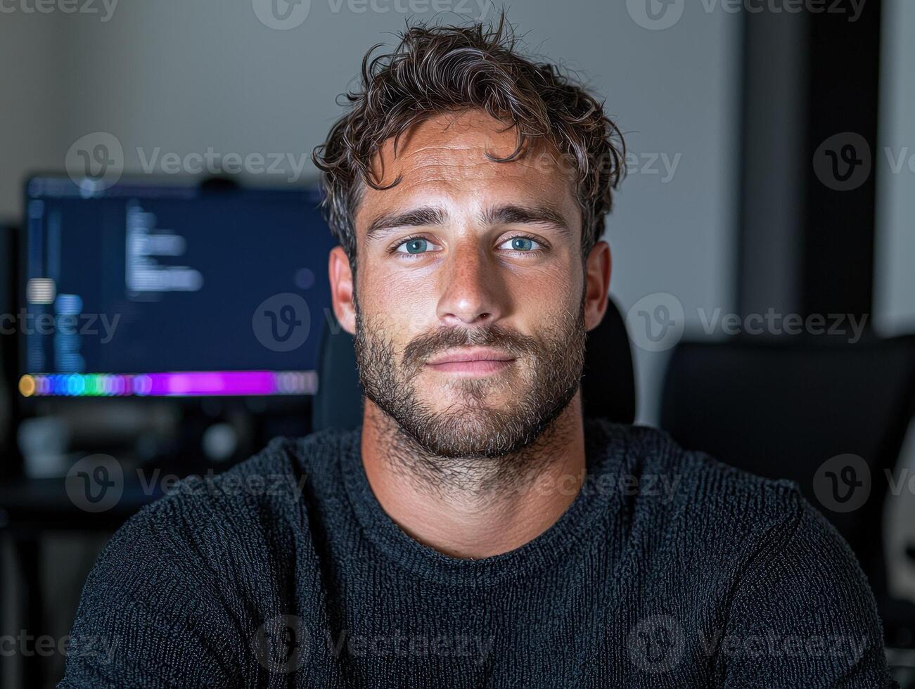 Portrait of a young man with a beard, sitting in front of a computer screen photo
