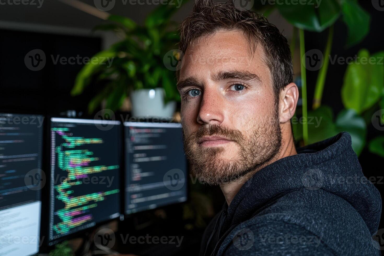 Focused programmer working late at night on his computer photo