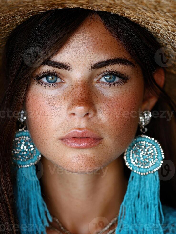 Close up portrait of a young woman with freckles and blue eyes wearing a straw hat and turquoise earrings photo