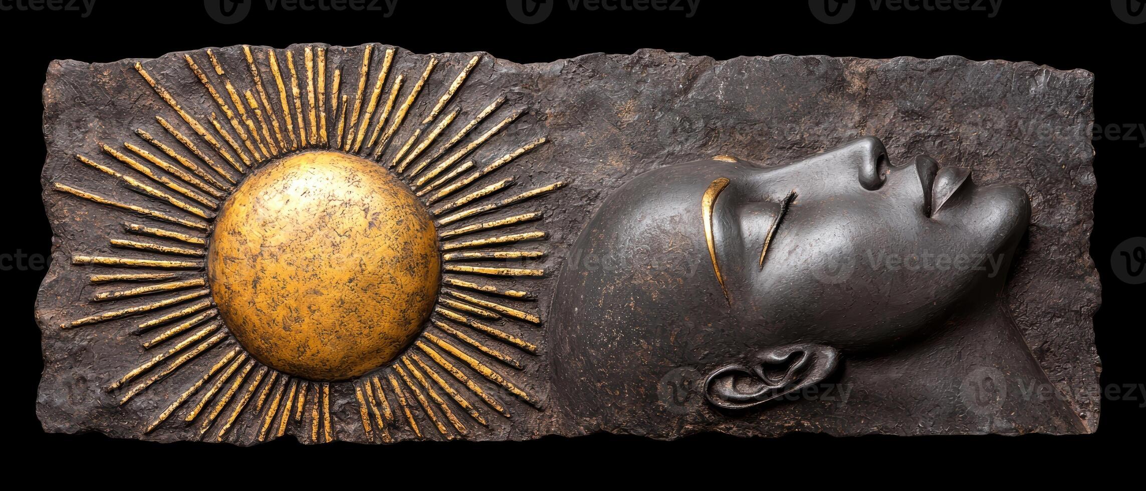 Serene face sculpture with sun rays, bronze and gold wall art photo