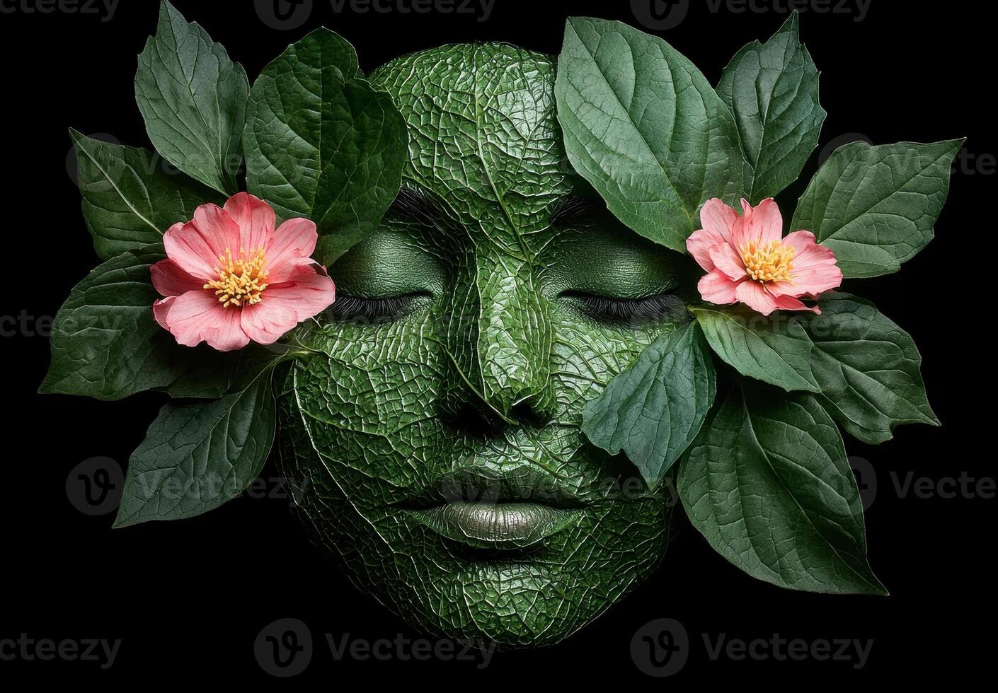 Close up of a womans face with leaves and flowers, nature inspired makeup photo