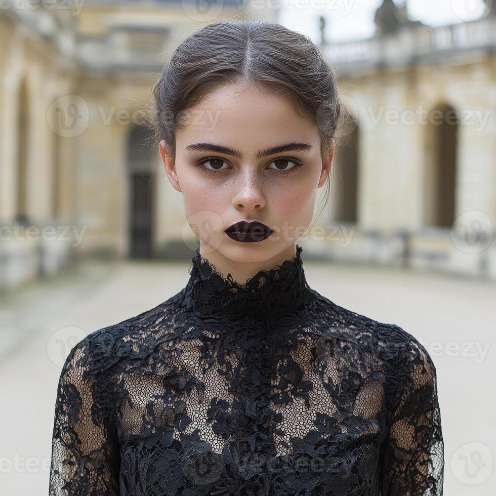 Portrait of a young woman with dark lipstick and freckles, wearing a black lace dress photo
