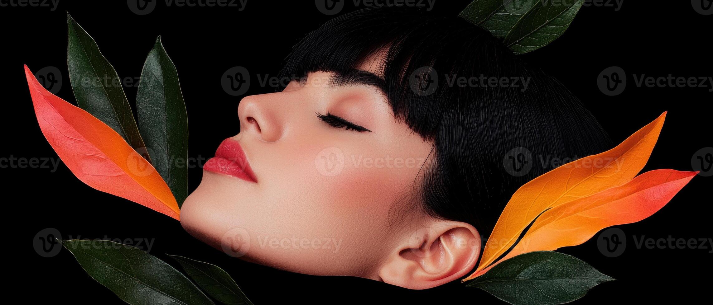 Close up of a womans face with vibrant leaves photo