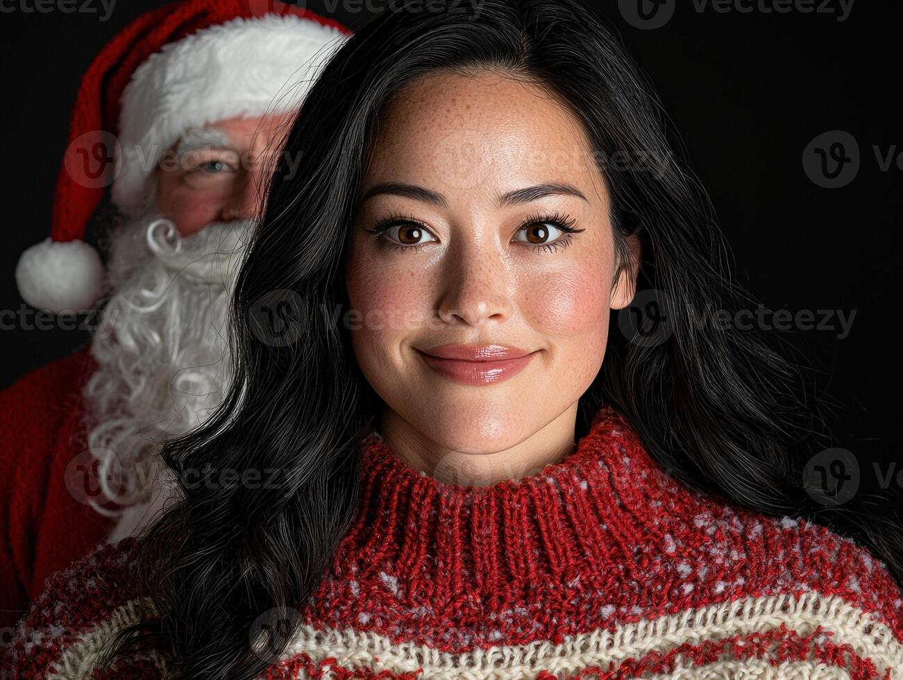 Young woman in festive sweater with Santa Claus in the background photo