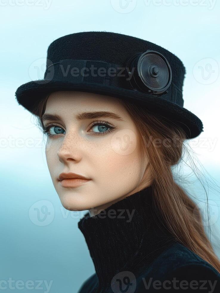 Portrait of a young woman with freckles wearing a black hat and turtleneck photo