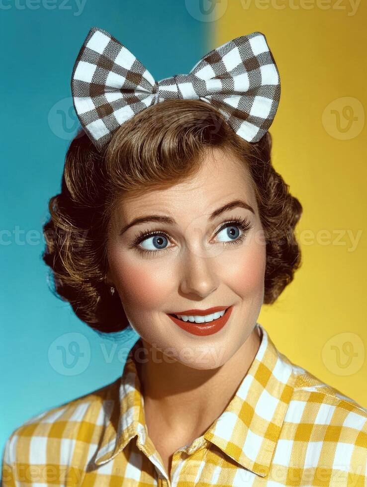 Smiling woman in a yellow gingham shirt and a black and white checkered bow photo