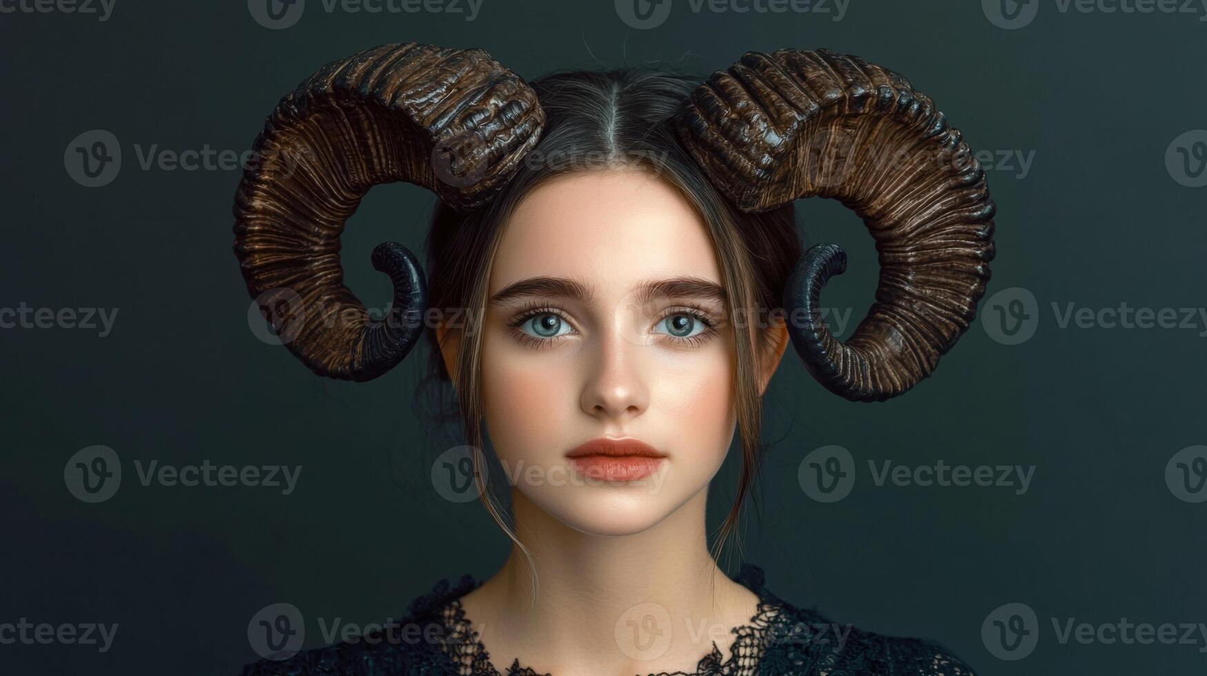 Portrait of a young woman with large curly ram horns on her head photo