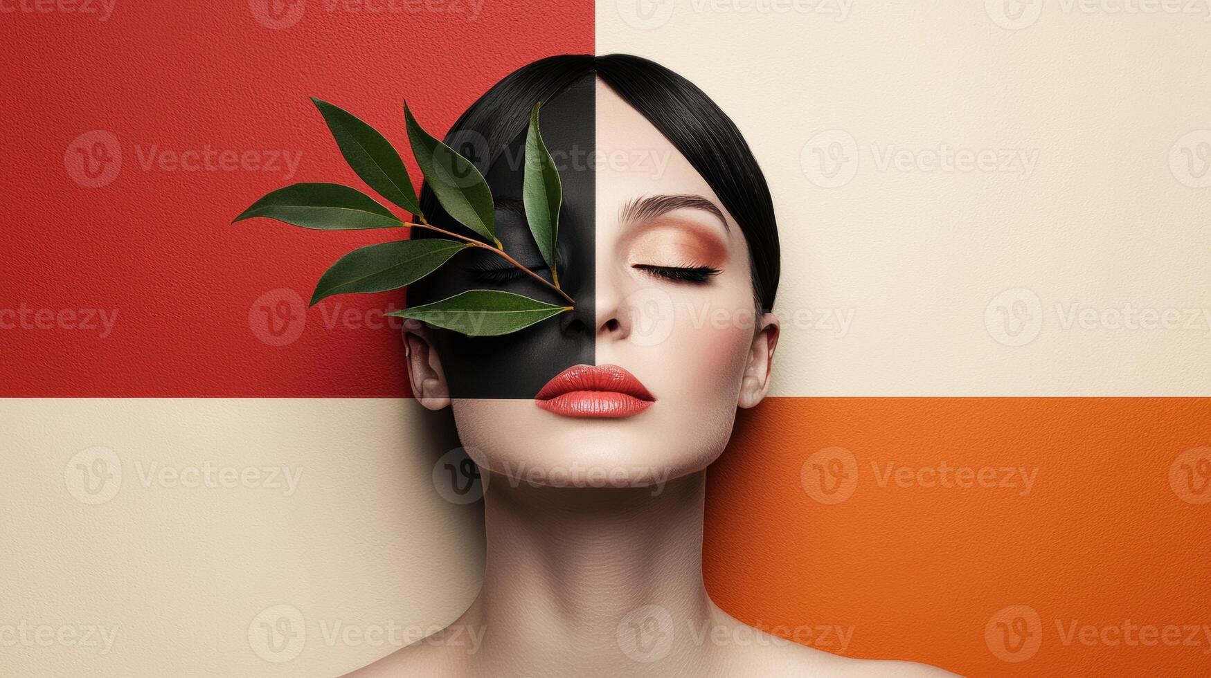 Woman with half of her face painted black and a green leaf covering her eye, against a colorful background photo