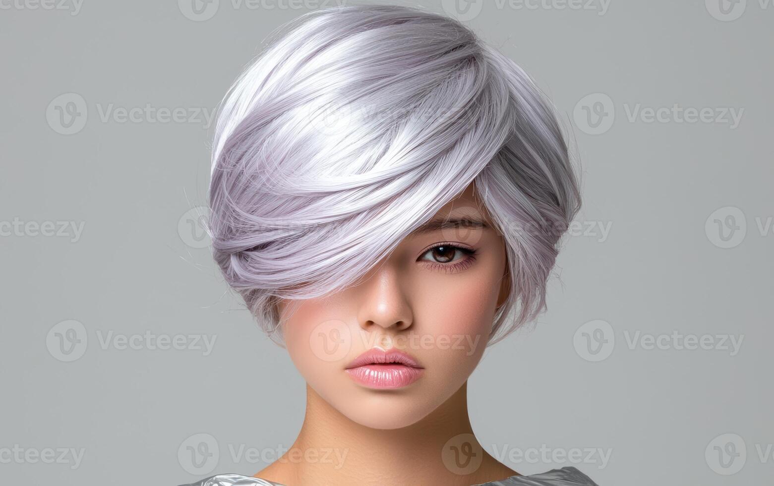 Close up portrait of a young woman with short, stylish silver hair photo