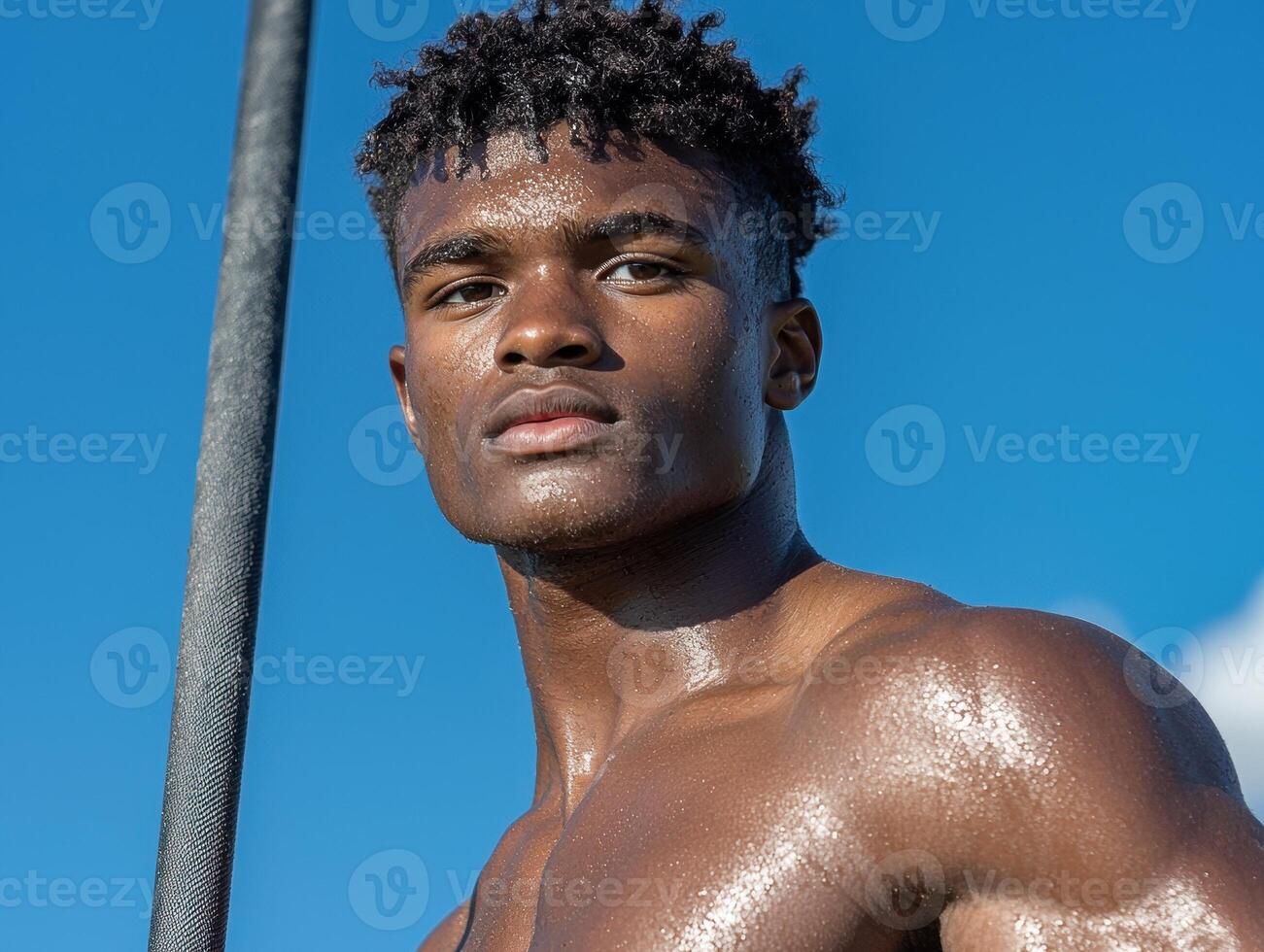 Shirtless muscular man with dark skin and short hair, standing outdoors against a bright blue sky, looking directly at the camera photo
