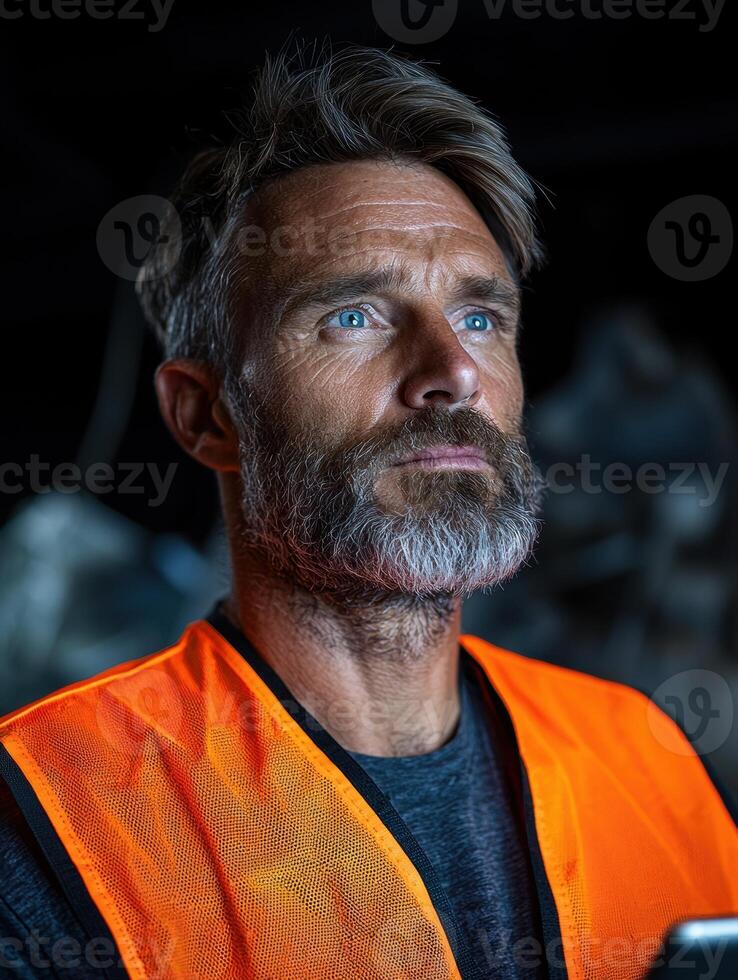Portrait of a construction worker looking up thoughtfully photo