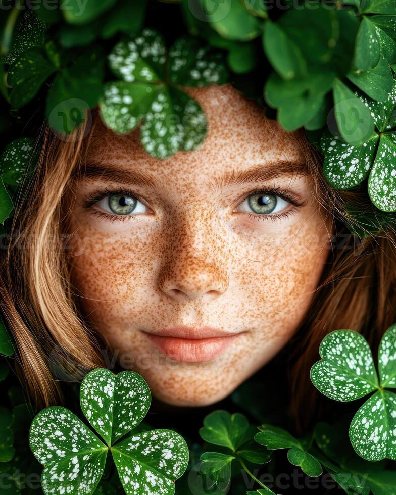 Close up portrait of a freckled girl surrounded by shamrocks photo