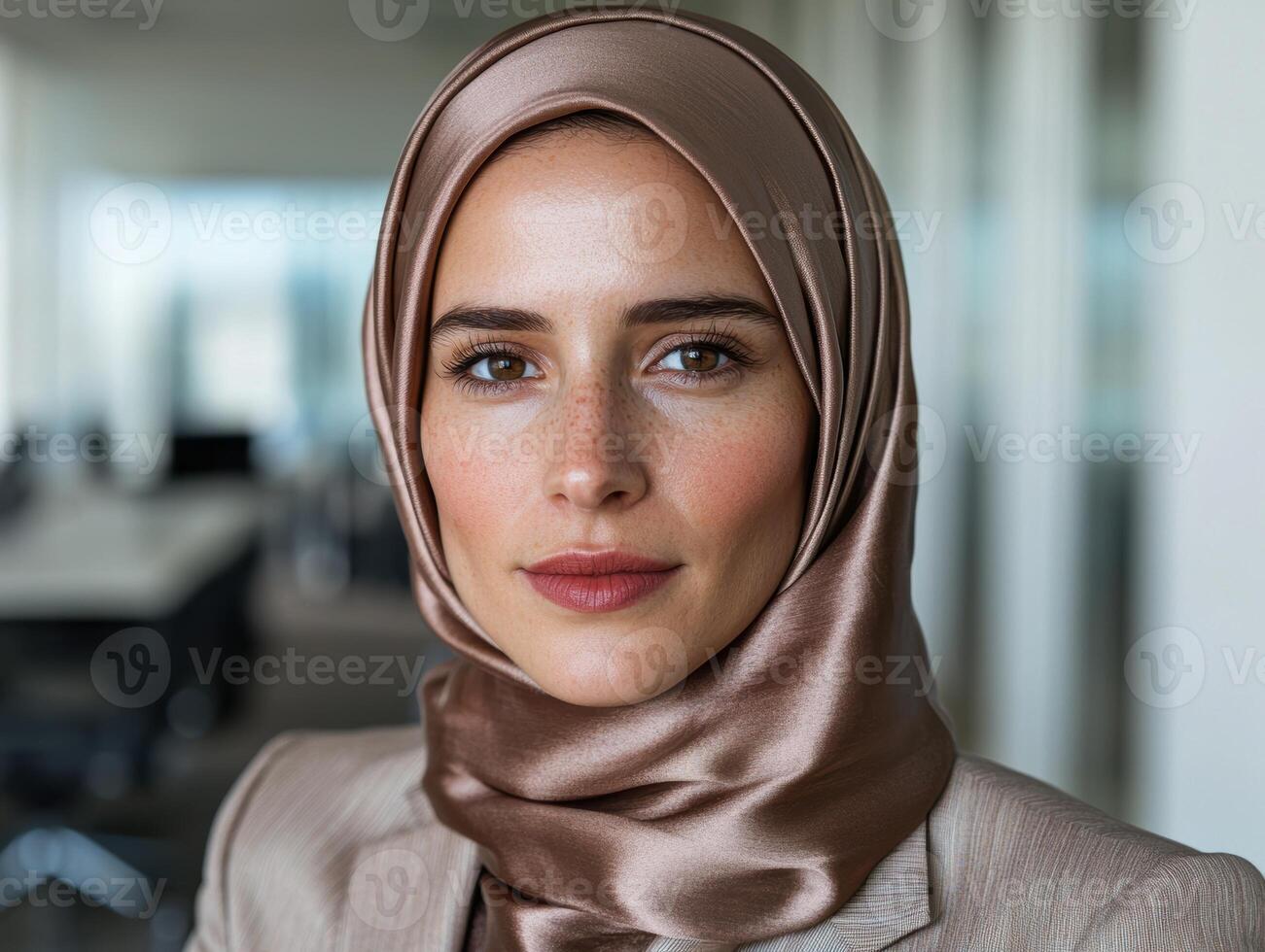 Confident businesswoman wearing a hijab in a modern office photo