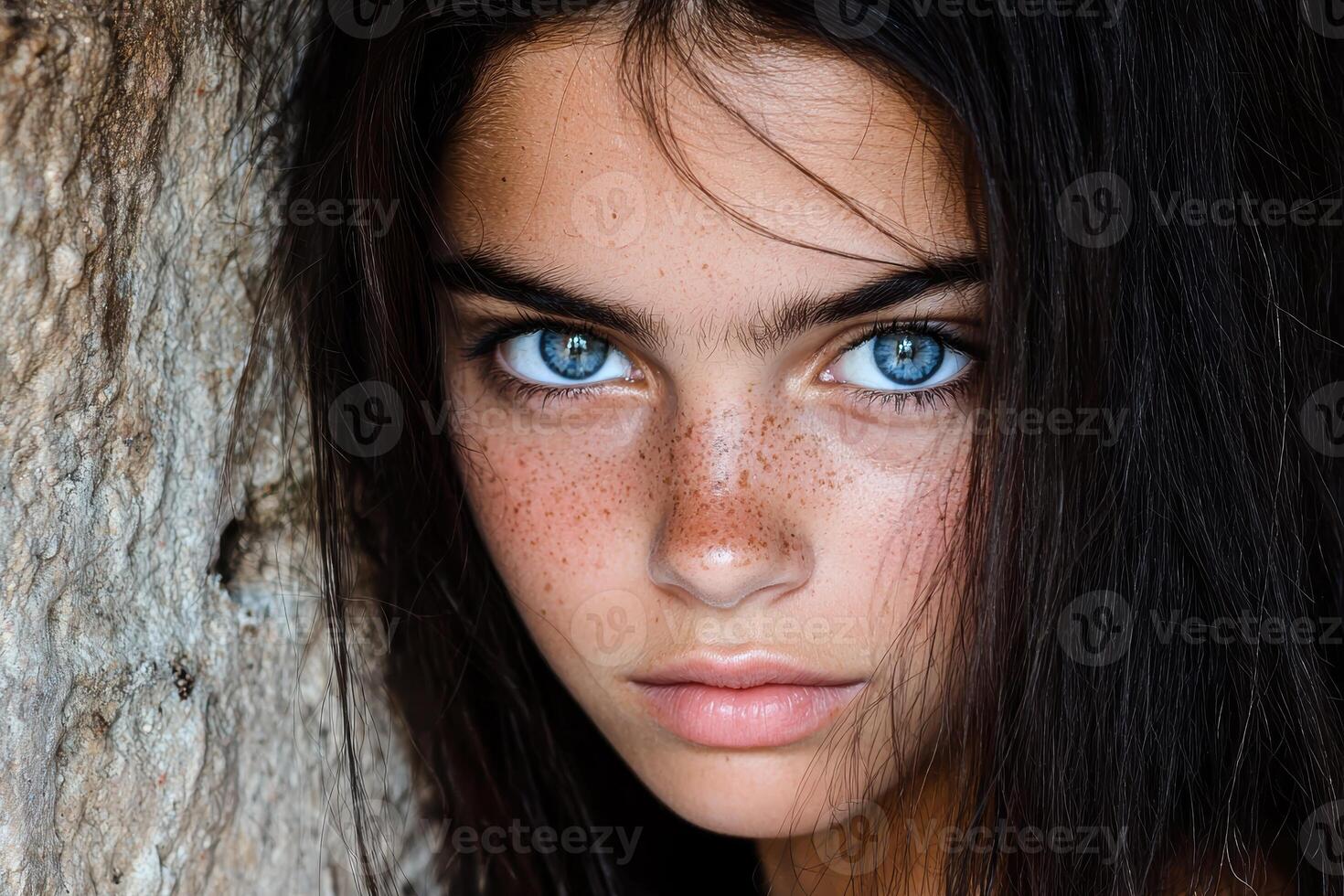 Close up portrait of a young woman with freckles standing by a tree photo